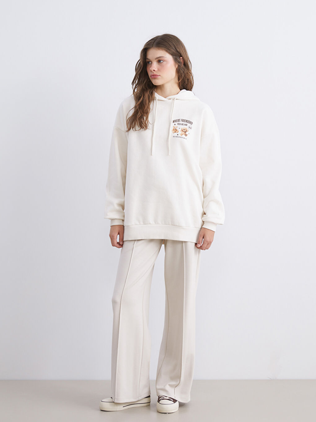 Bej Baskılı Oversize Kadın Kalın Hoodie-3