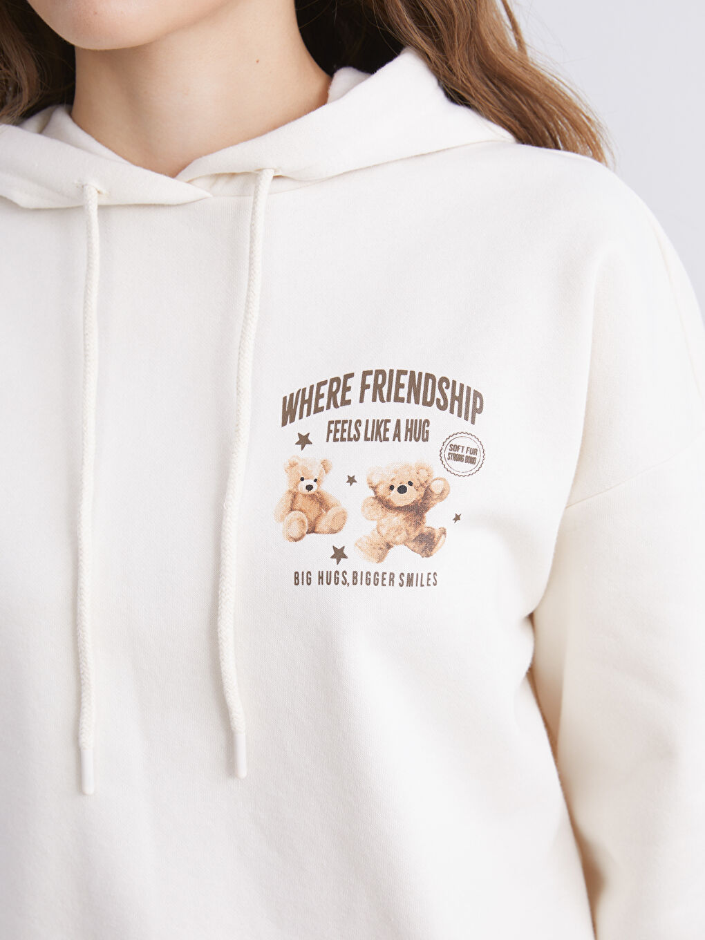 Bej Baskılı Oversize Kadın Kalın Hoodie-4