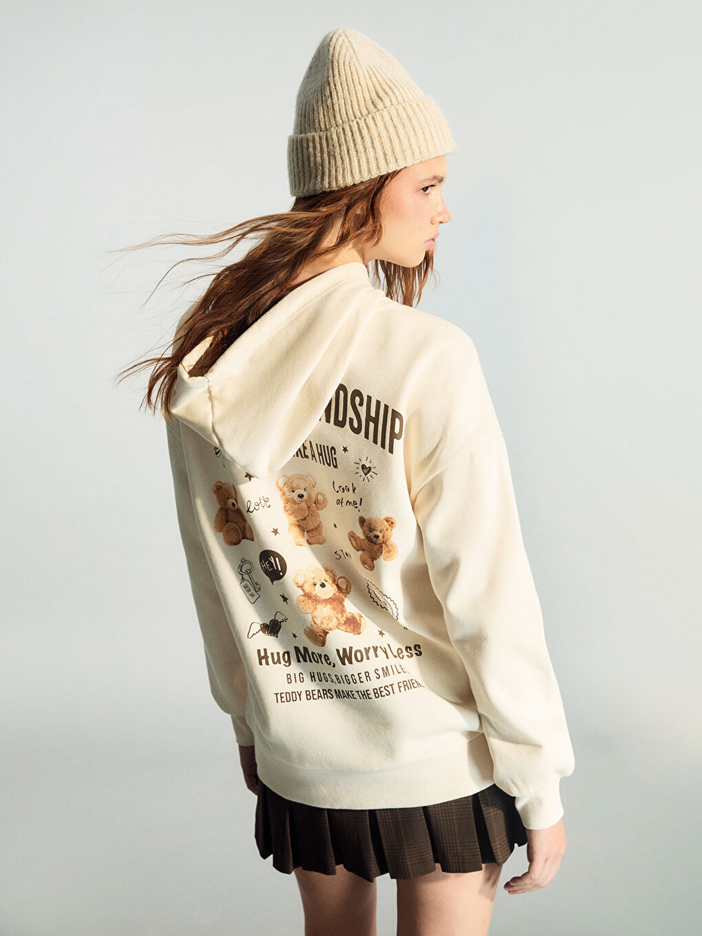 Bej Baskılı Oversize Kadın Kalın Hoodie-1