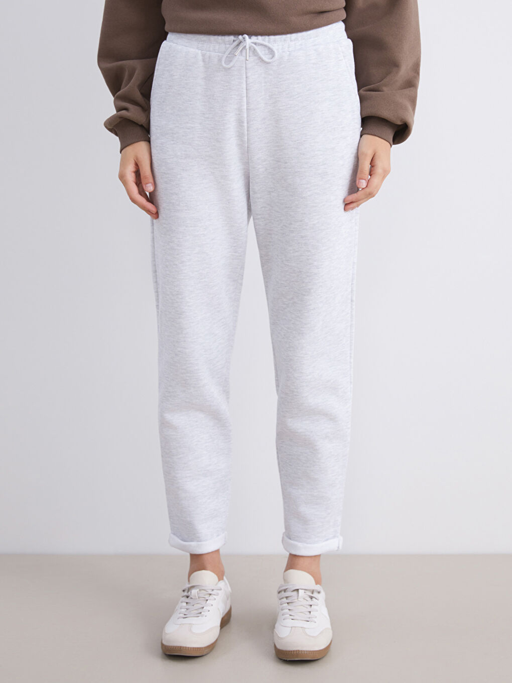 Gri Beli Lastikli Kadın Kalın Eşofman Altı-1