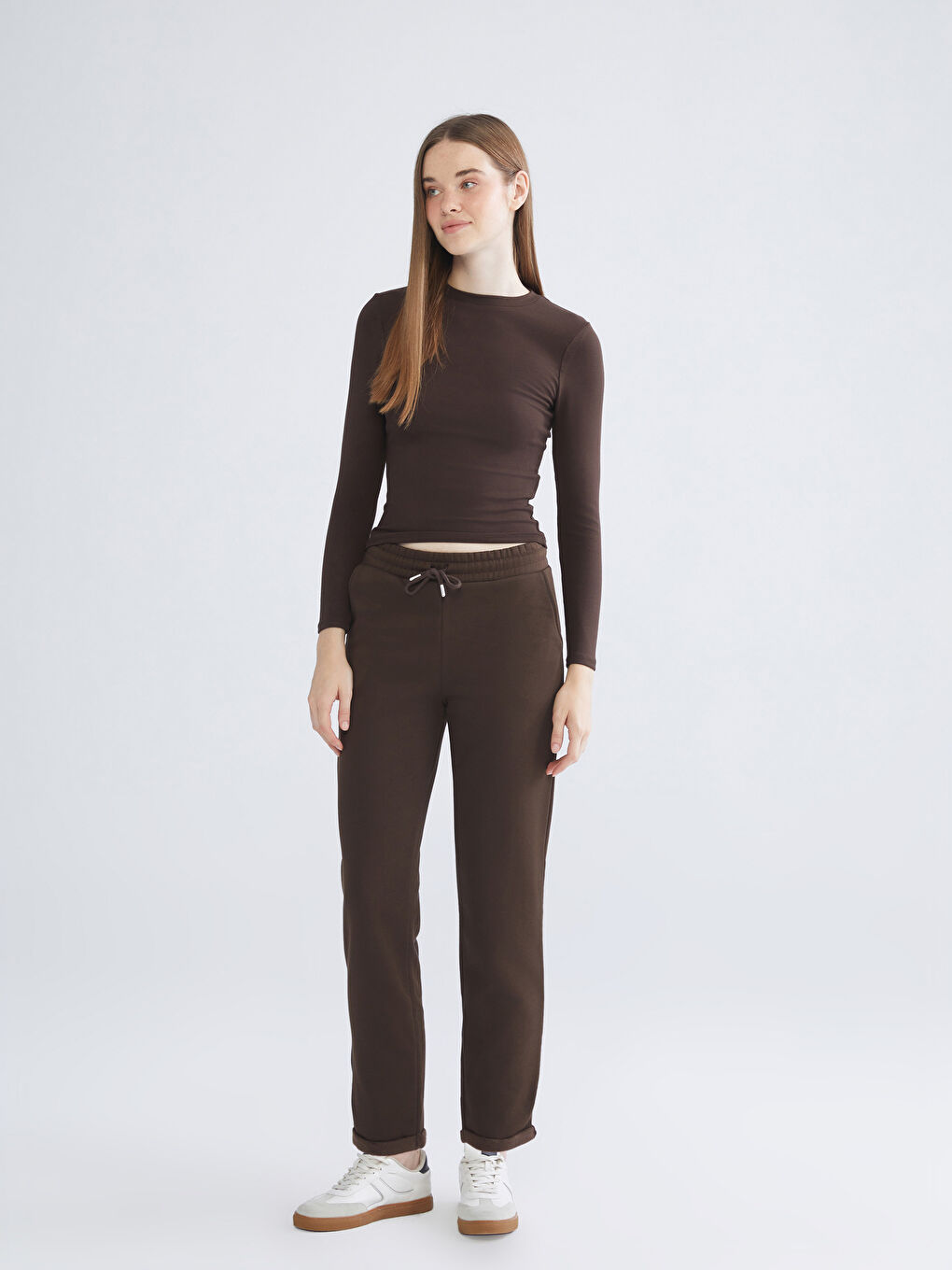 Kahverengi Beli Lastikli Kadın Kalın Eşofman Altı-1