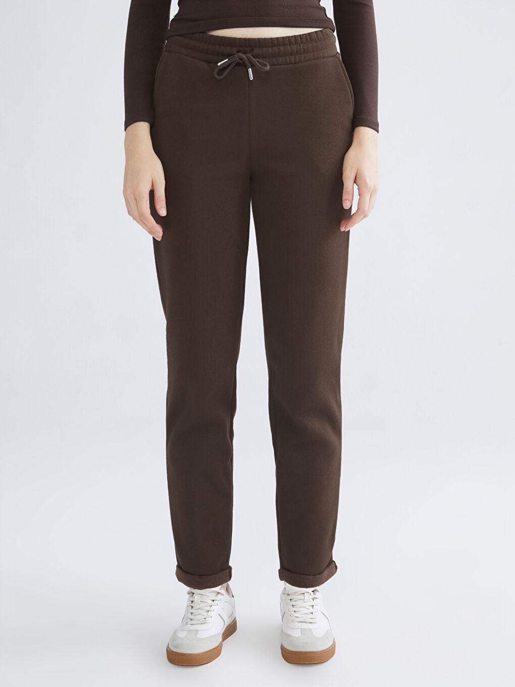 Kahverengi Beli Lastikli Kadın Kalın Eşofman Altı-2