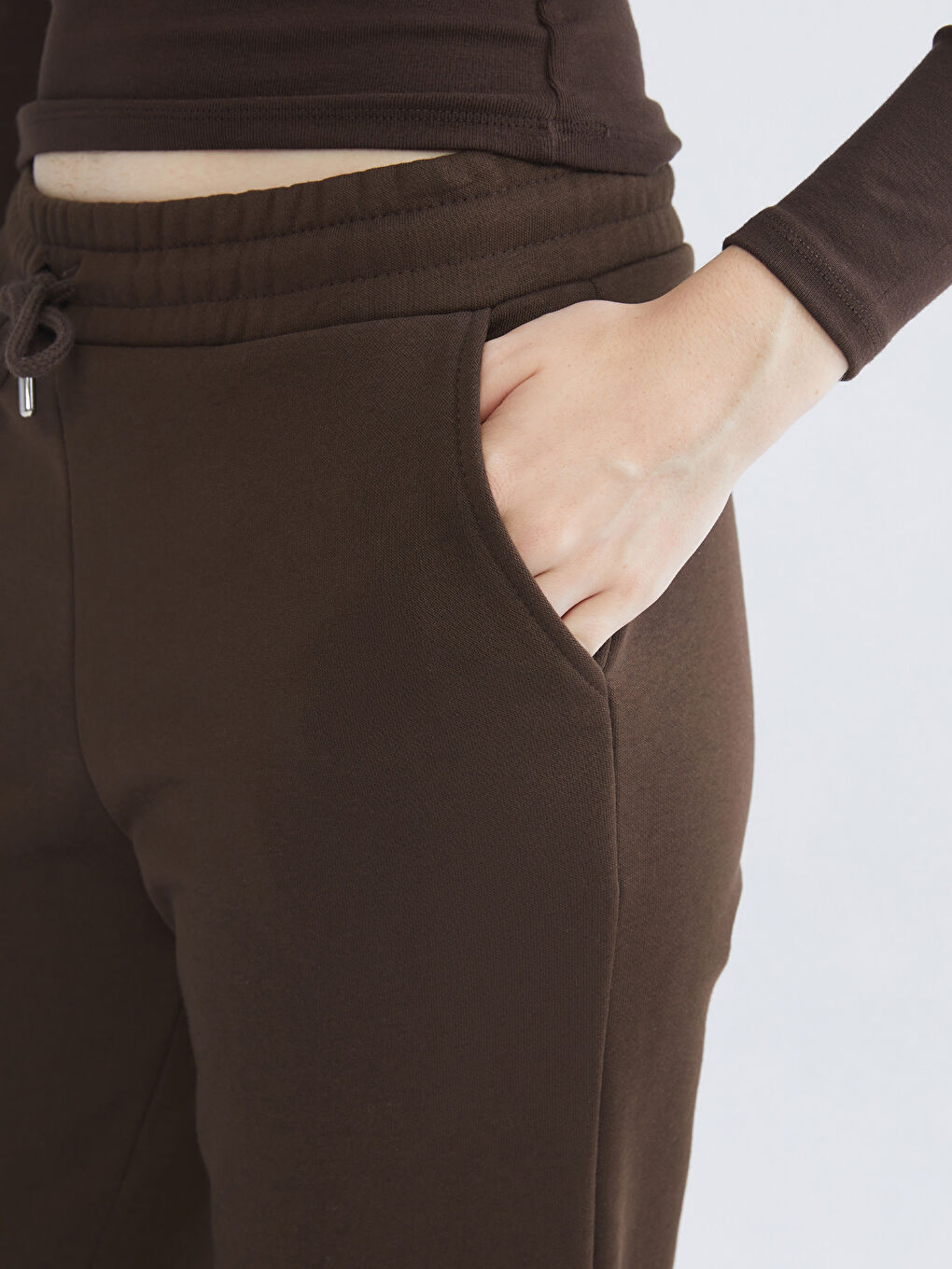 Kahverengi Beli Lastikli Kadın Kalın Eşofman Altı-3