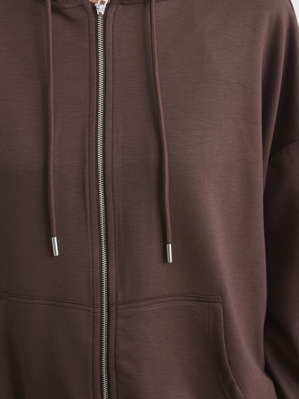 Kahverengi Kapüşonlu Kadın Fermuarlı Sweatshirt-2