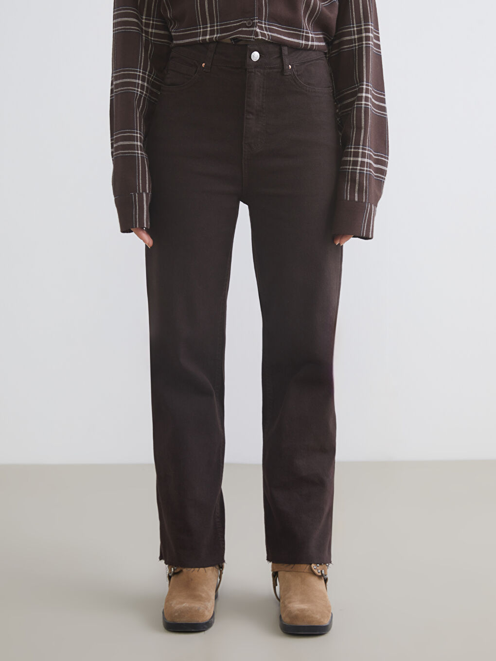 Kahverengi Straight Fit Kadın Jean Pantolon-2