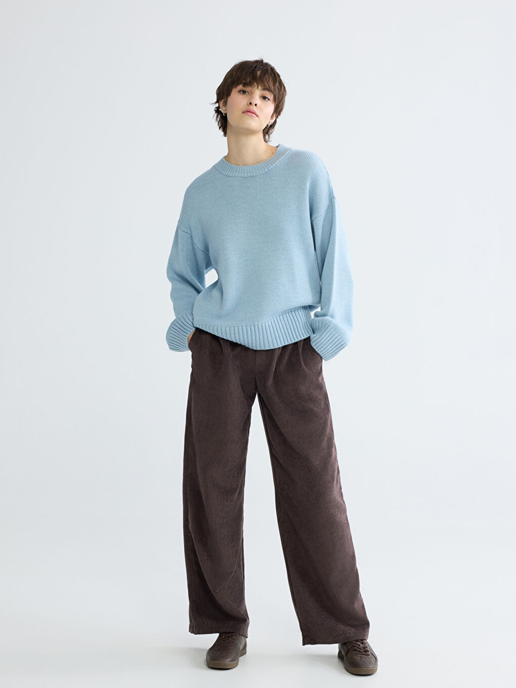 Kahverengi Loose Fit Kadife Kadın Pantolon-1