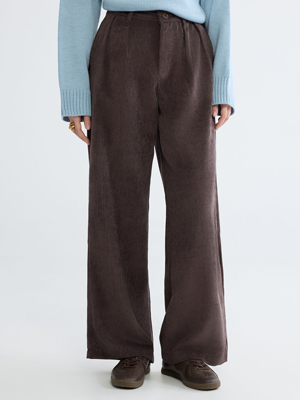 Kahverengi Loose Fit Kadife Kadın Pantolon-2