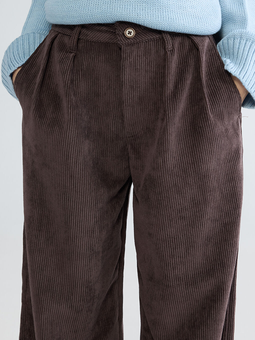 Kahverengi Loose Fit Kadife Kadın Pantolon-3