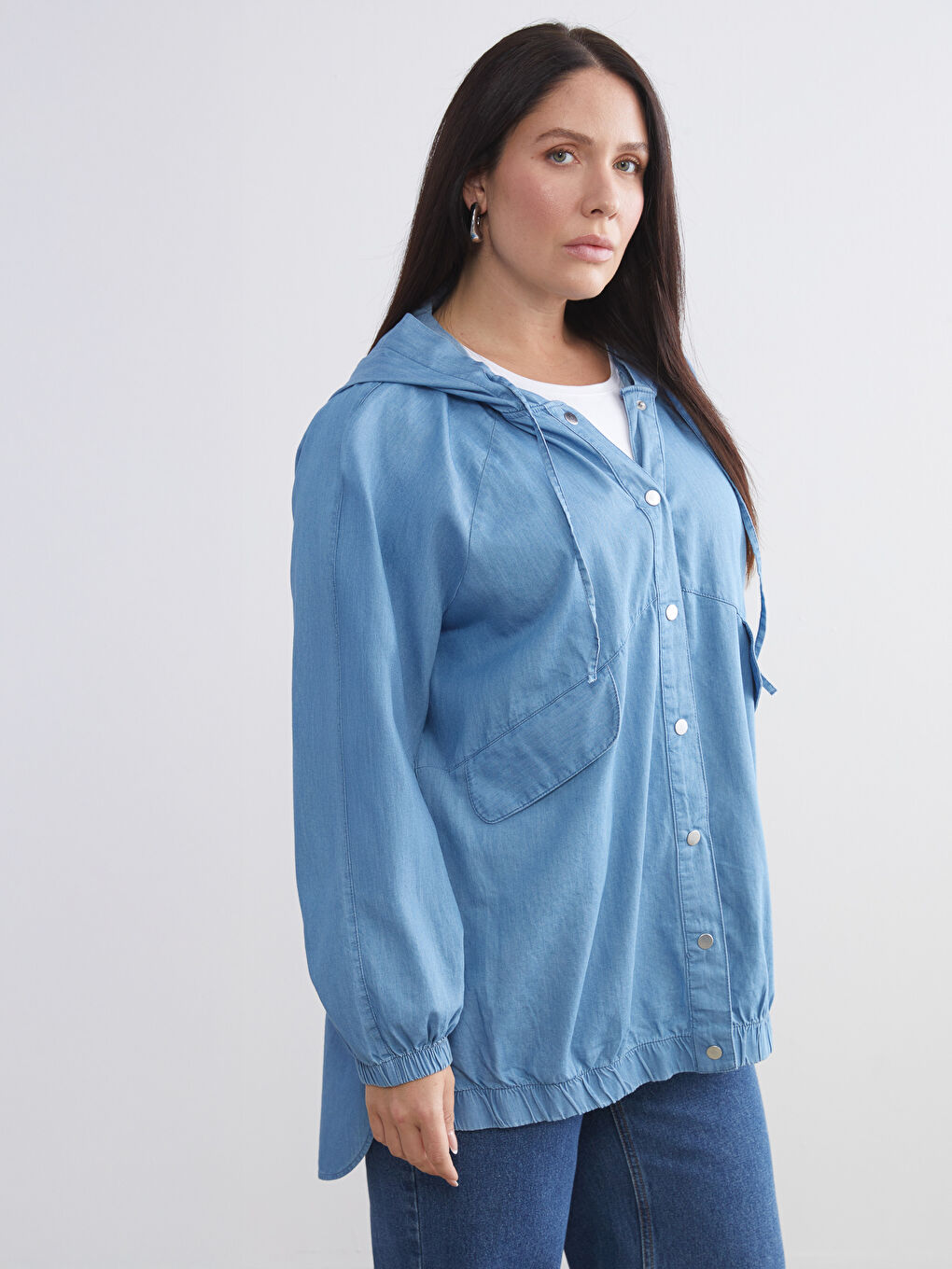 İndigo Kapüşonlu Oversize Kadın Jean Ceket-1