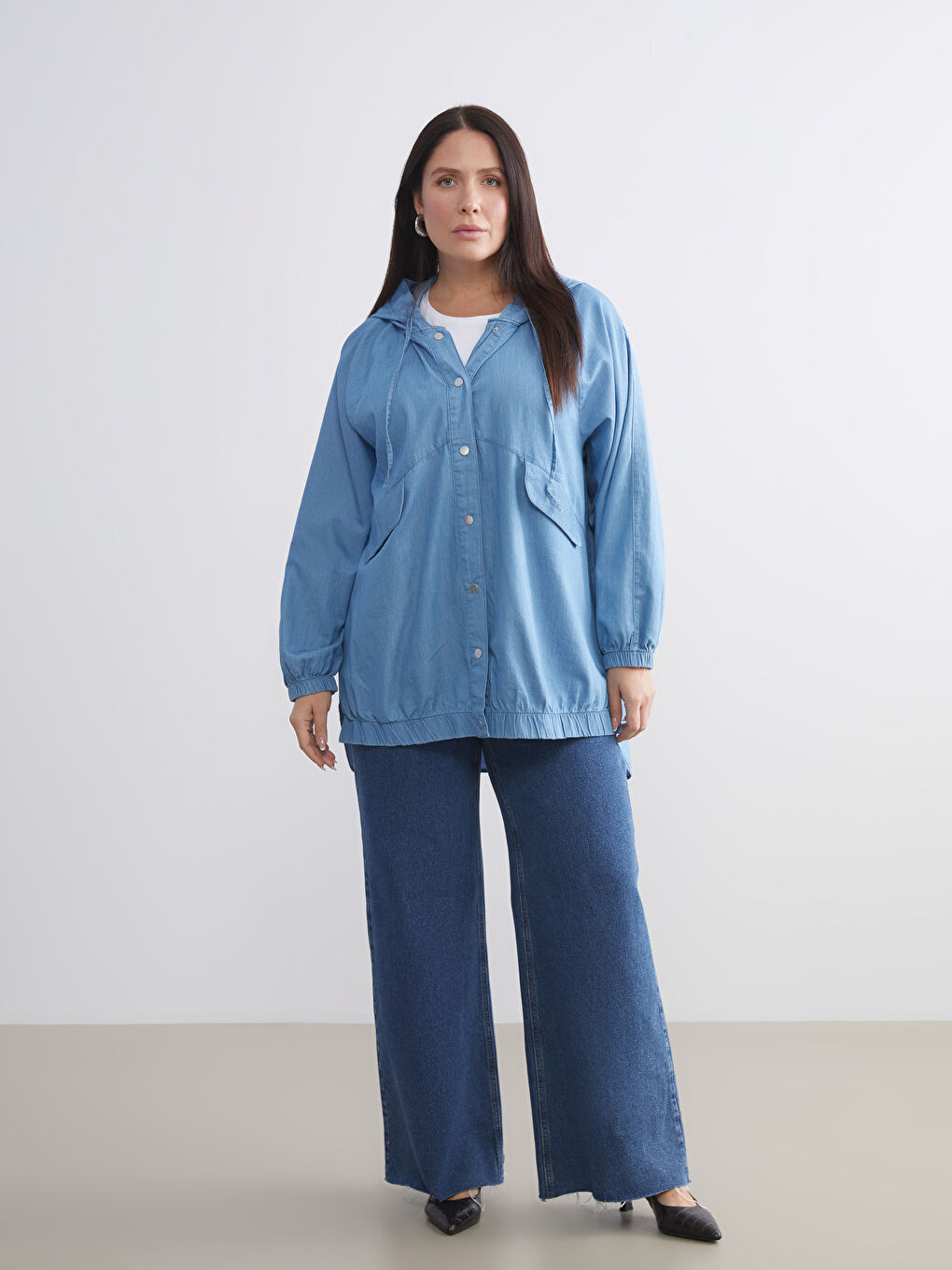İndigo Kapüşonlu Oversize Kadın Jean Ceket-5