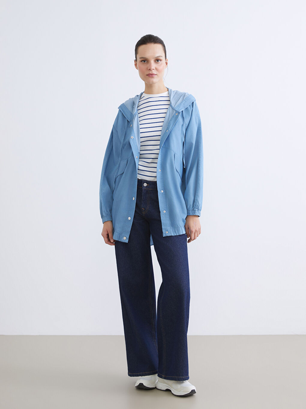 İndigo Kapüşonlu Oversize Kadın Jean Ceket-2