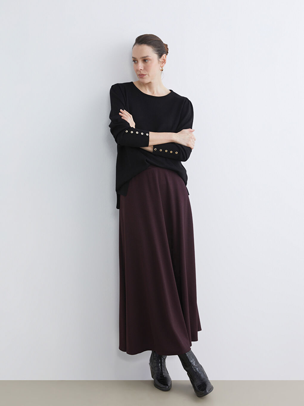 Bordo Beli Lastikli Kloş Etek