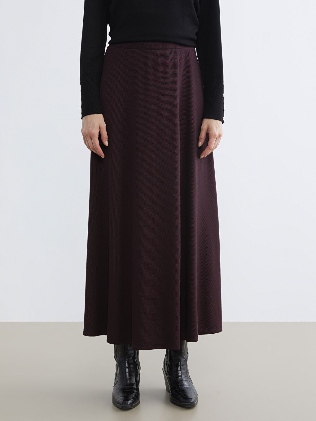 Bordo Beli Lastikli Kloş Etek-1