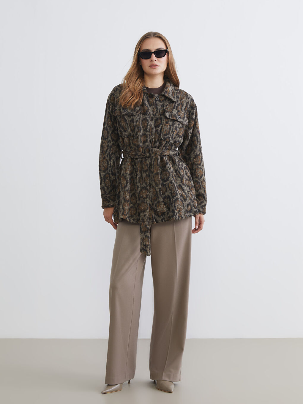 Kahverengi Desenli Kadın Kaşe Gömlek Ceket-1