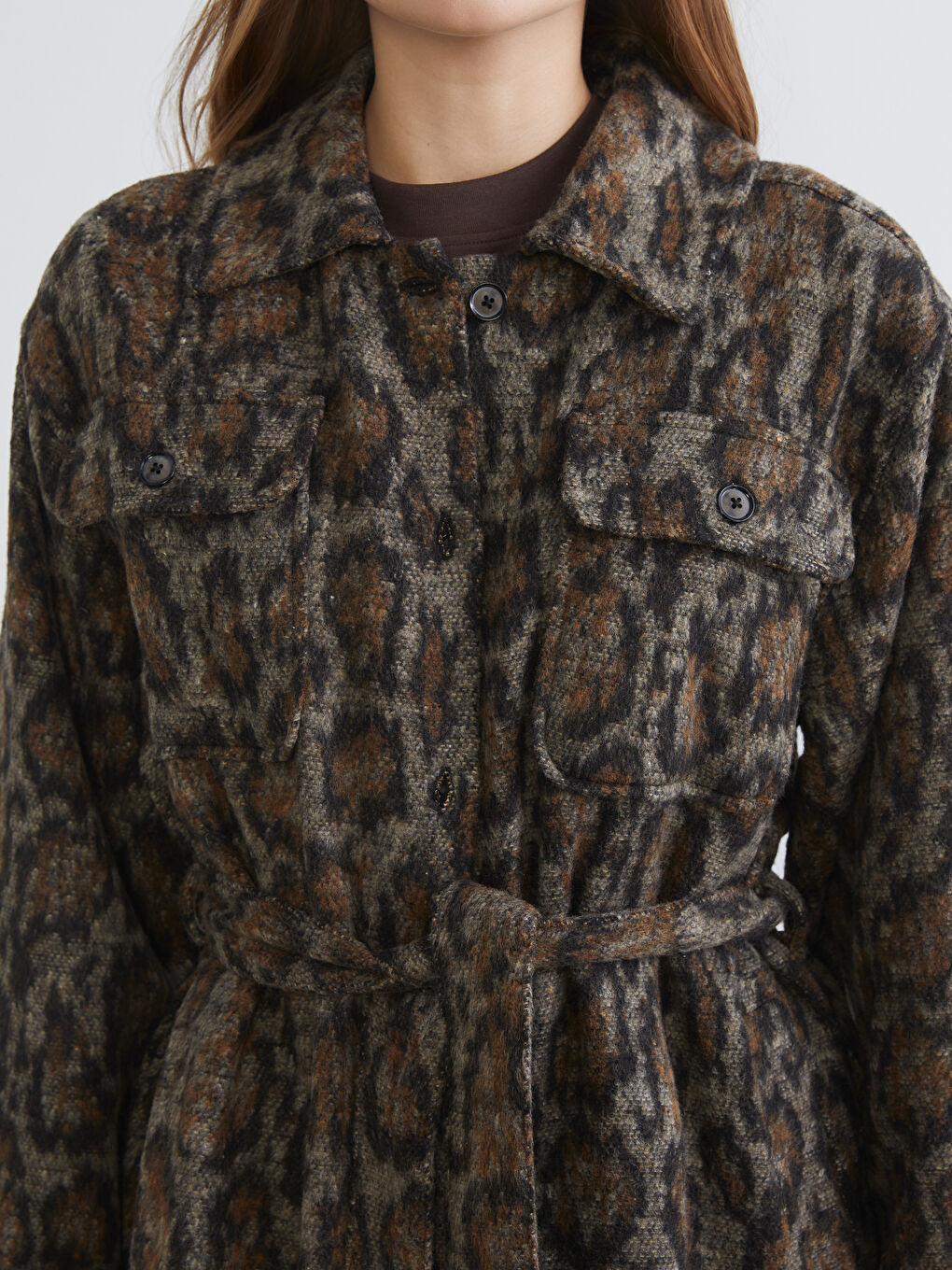 Kahverengi Desenli Kadın Kaşe Gömlek Ceket-2