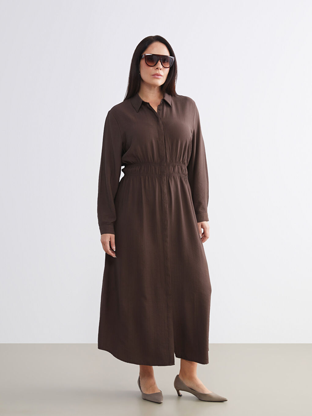 Plus Size Textured Gathered Shirt Dress-1