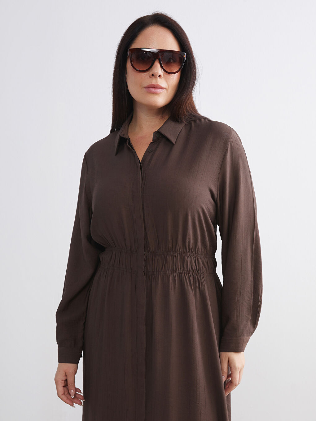 Plus Size Textured Gathered Shirt Dress-5