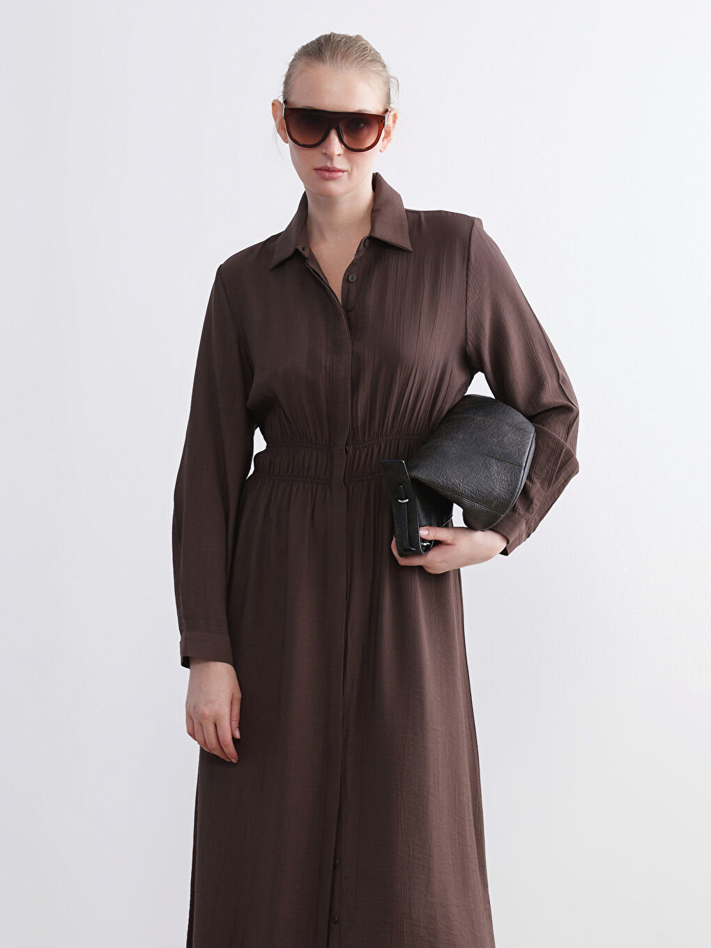 Plus Size Textured Gathered Shirt Dress-3