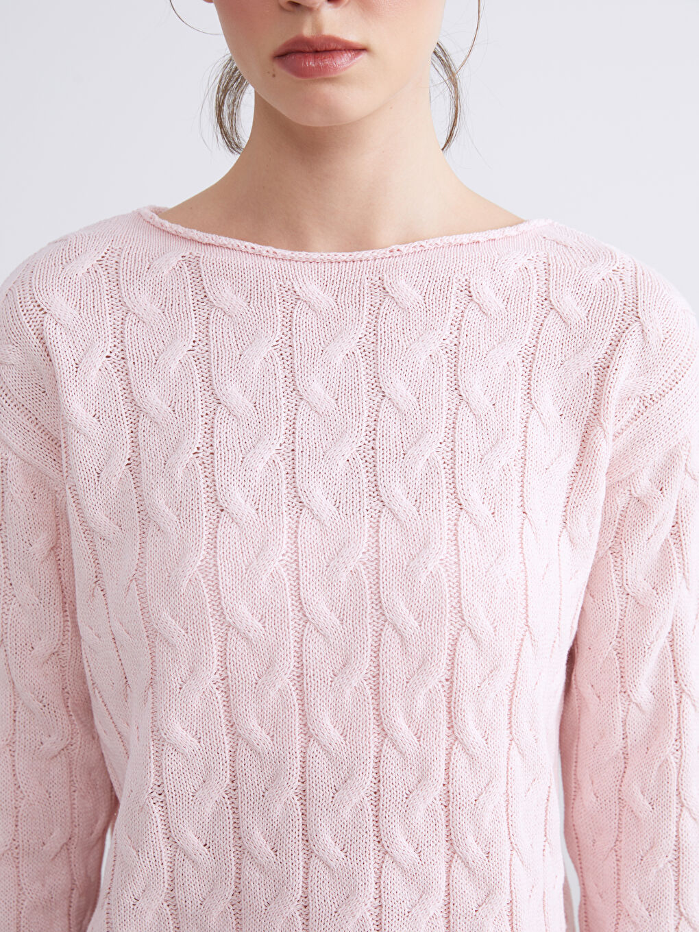 Pembe Kayık Yaka Kendinden Desenli Kadın Triko Kazak-2