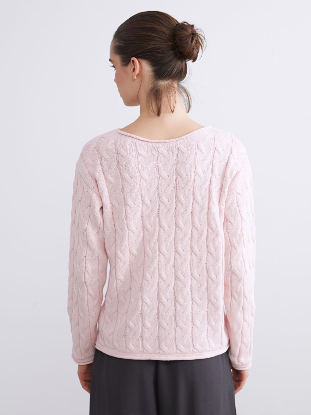 Pembe Kayık Yaka Kendinden Desenli Kadın Triko Kazak-3