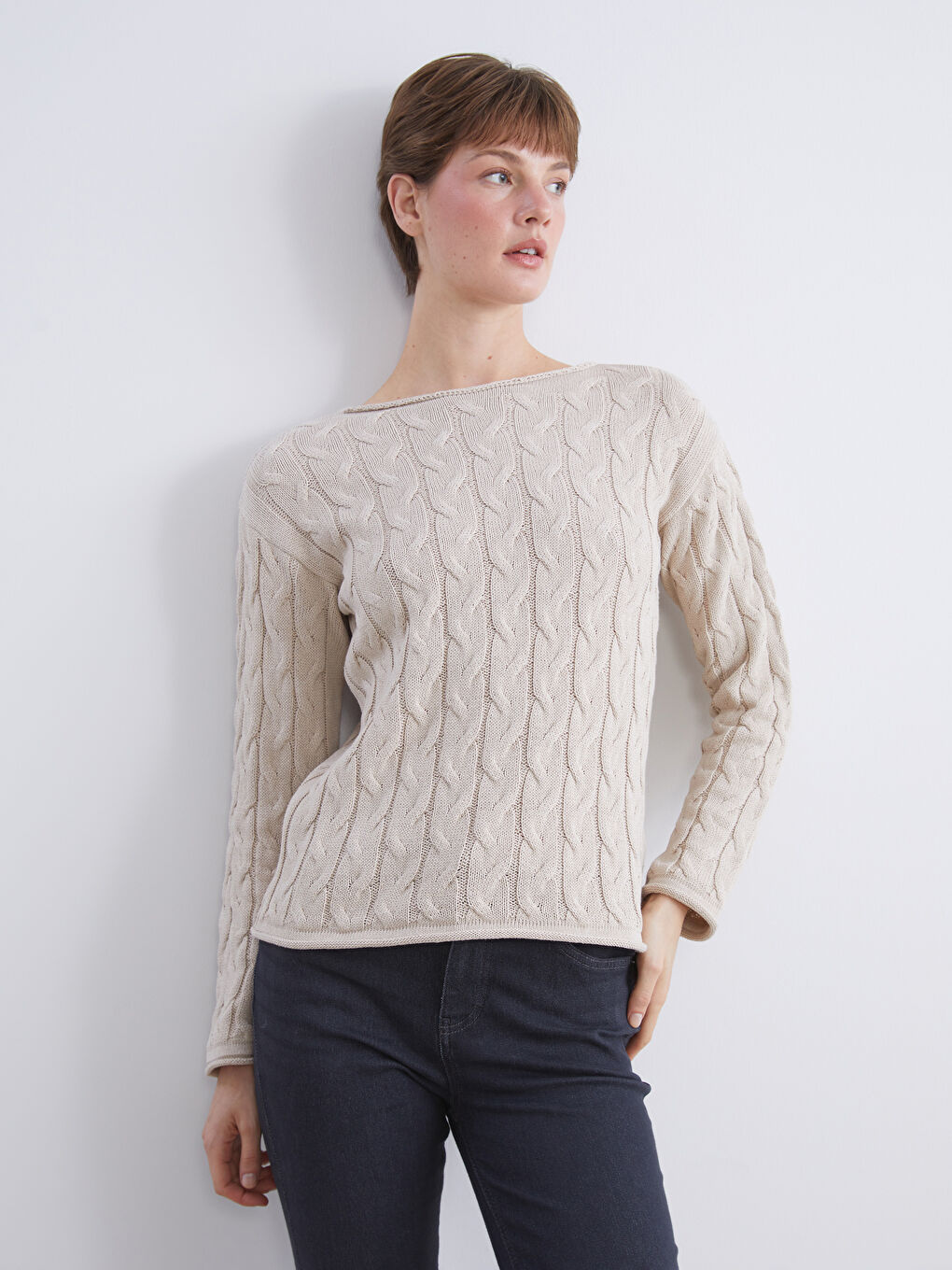 Boat Neck Self Patterned Women's Knitwear Sweater-1