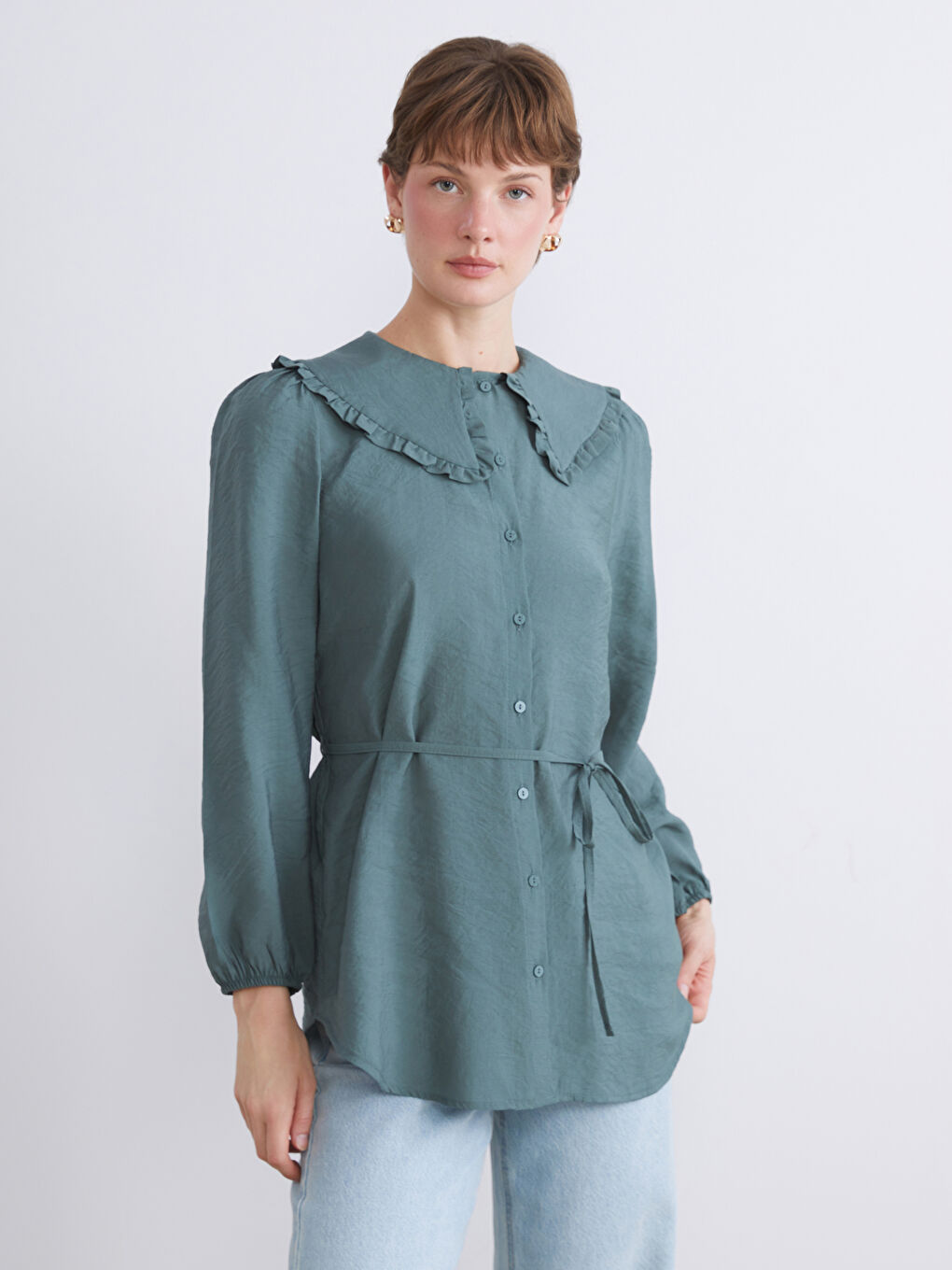 Yeşil Bebe Yaka Modal Karışımlı Kadın Gömlek Tunik