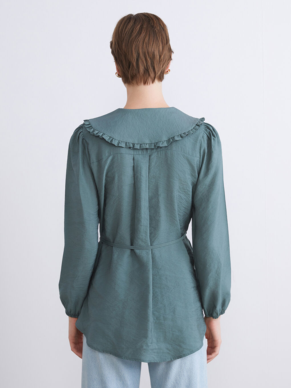 Yeşil Bebe Yaka Modal Karışımlı Kadın Gömlek Tunik-3