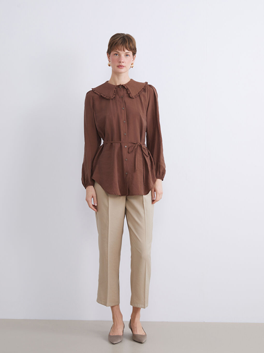 Kahverengi Bebe Yaka Modal Karışımlı Kadın Gömlek Tunik-1