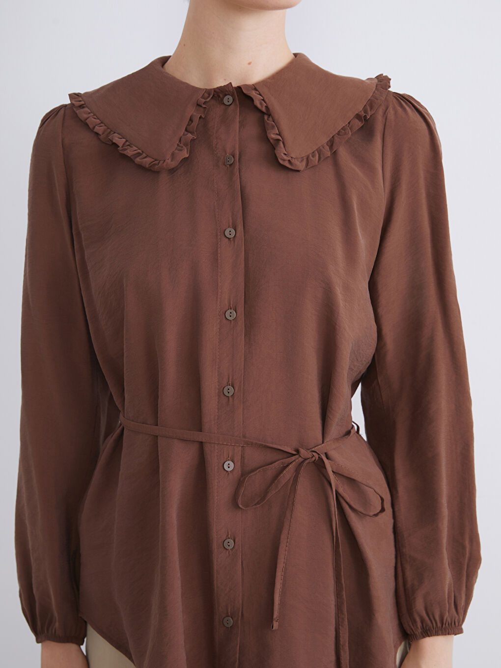 Kahverengi Bebe Yaka Modal Karışımlı Kadın Gömlek Tunik-2