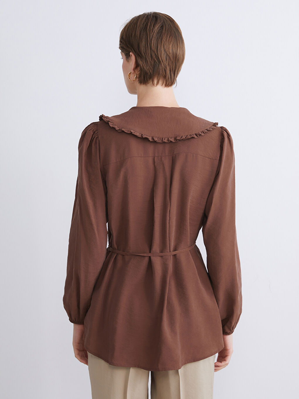 Kahverengi Bebe Yaka Modal Karışımlı Kadın Gömlek Tunik-3