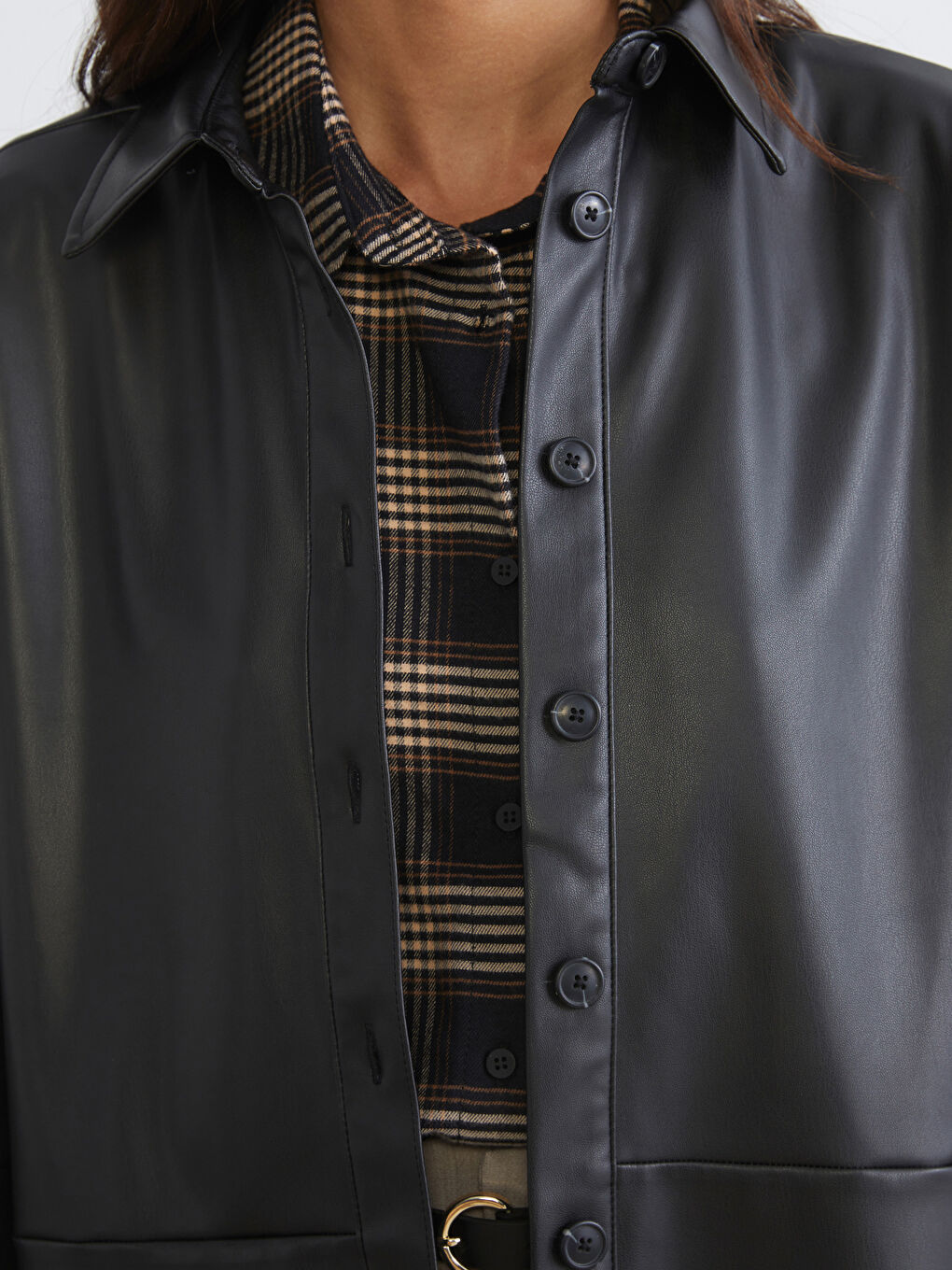 Women's Faux Leather Shirt Jacket-2