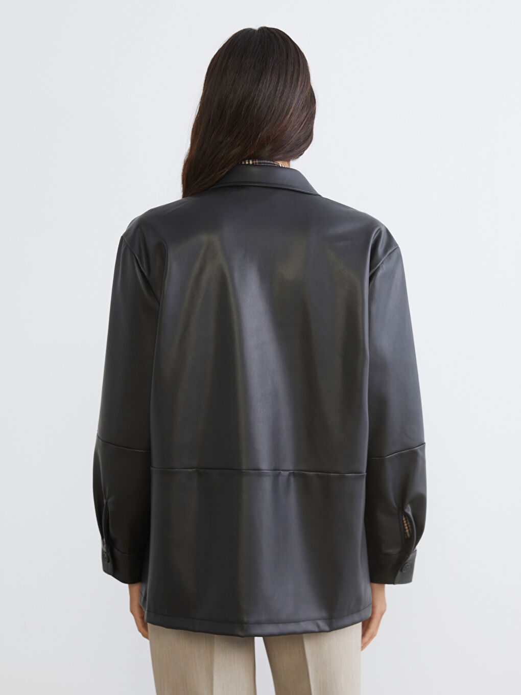 Women's Faux Leather Shirt Jacket-3