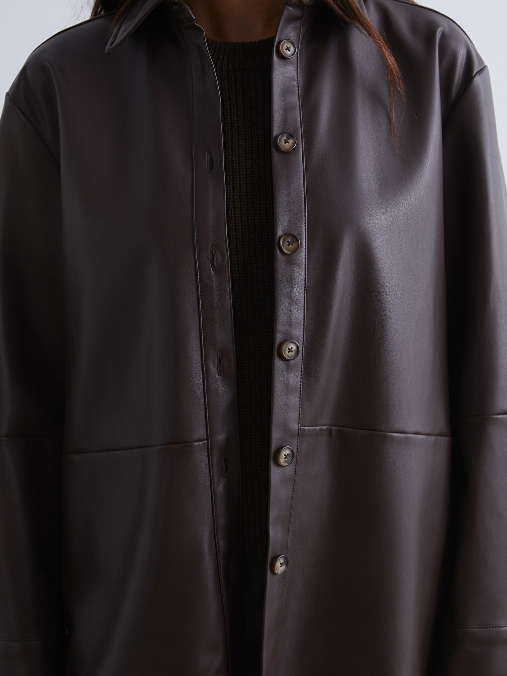 Kahverengi Kadın Deri Görünümlü Gömlek Ceket-2