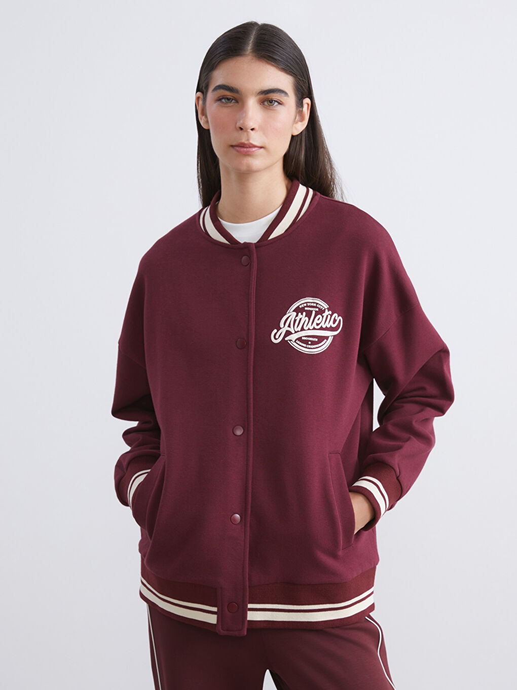 Bordo Baskılı Oversize Kadın Kalın Kolej Ceket