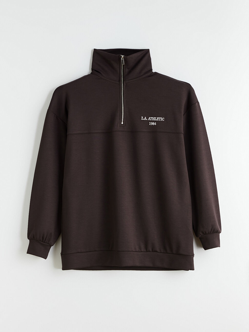 Kahverengi Dik Yaka Nakışlı Oversize Kadın Sweatshirt Tunik-6