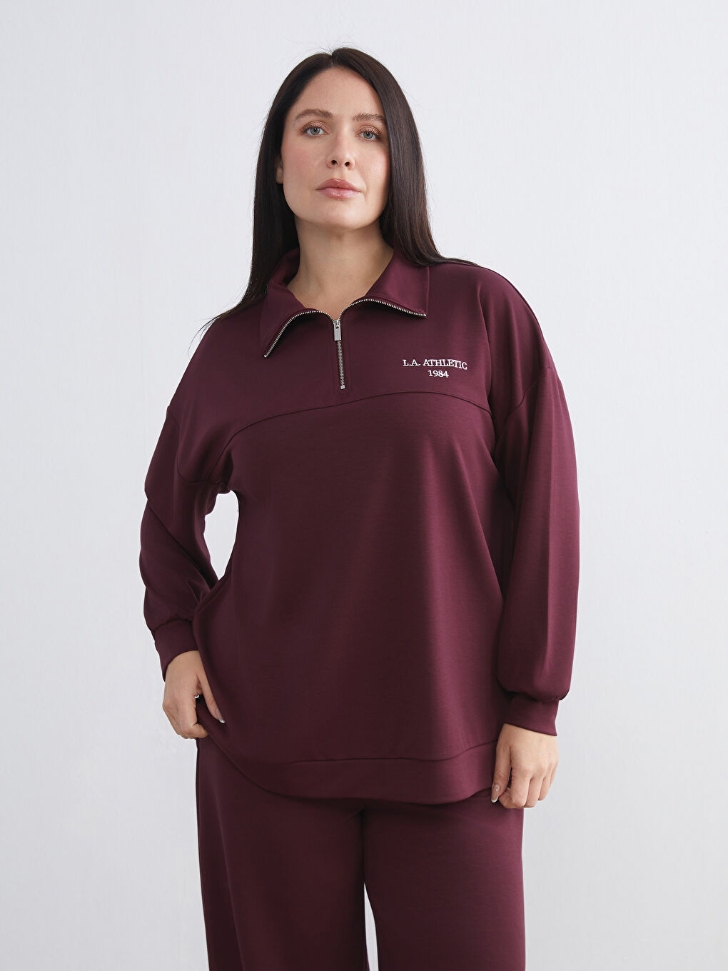 Mürdüm Dik Yaka Nakışlı Oversize Kadın Sweatshirt Tunik-1