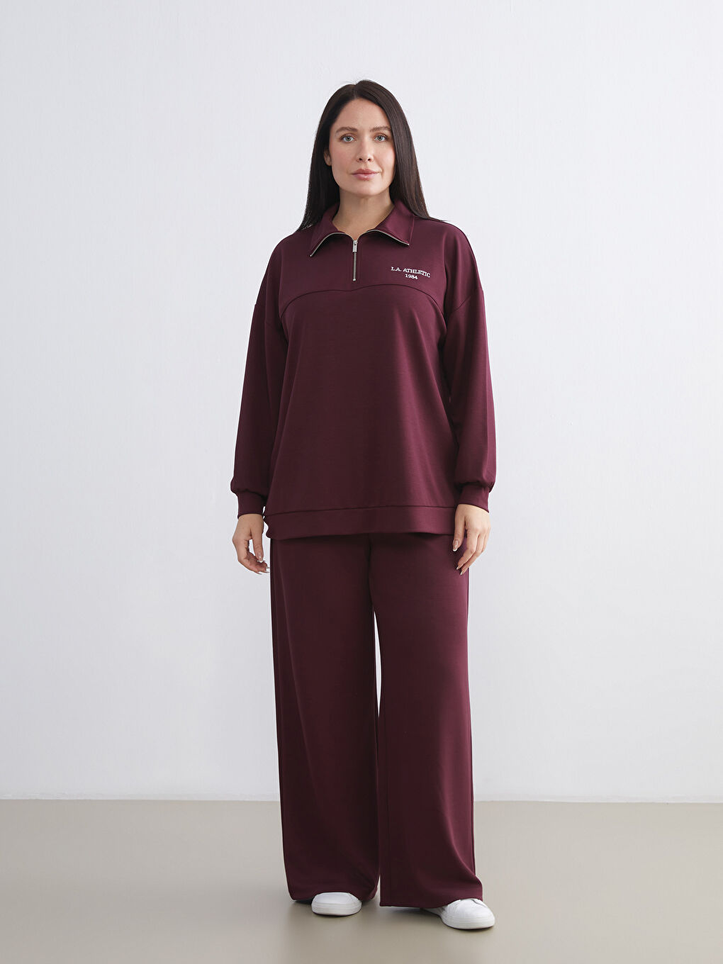 Mürdüm Dik Yaka Nakışlı Oversize Kadın Sweatshirt Tunik-5