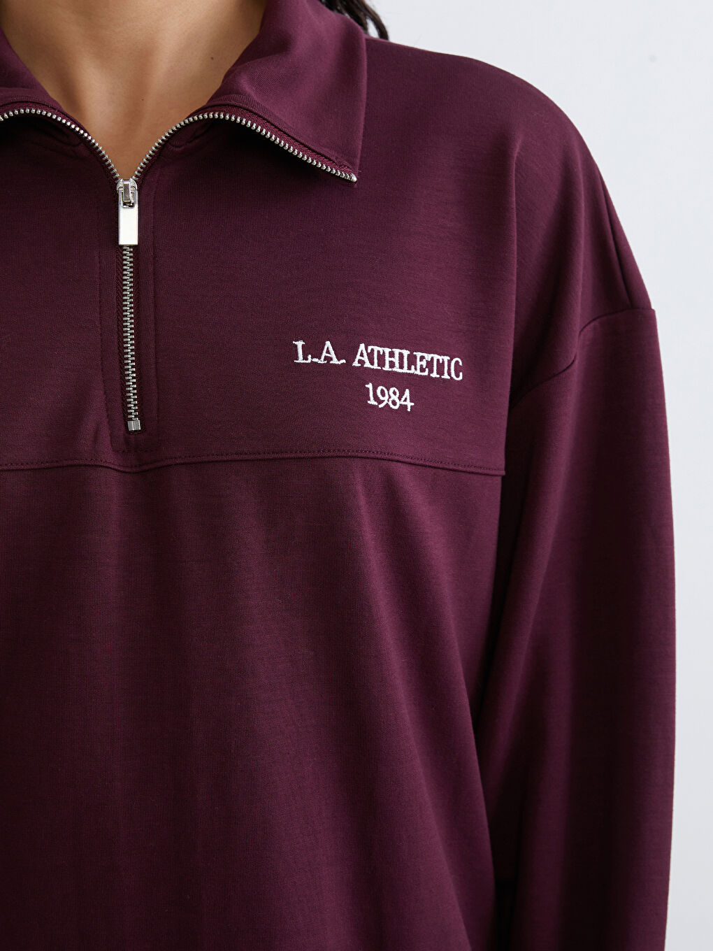 Mürdüm Dik Yaka Nakışlı Oversize Kadın Sweatshirt Tunik-3