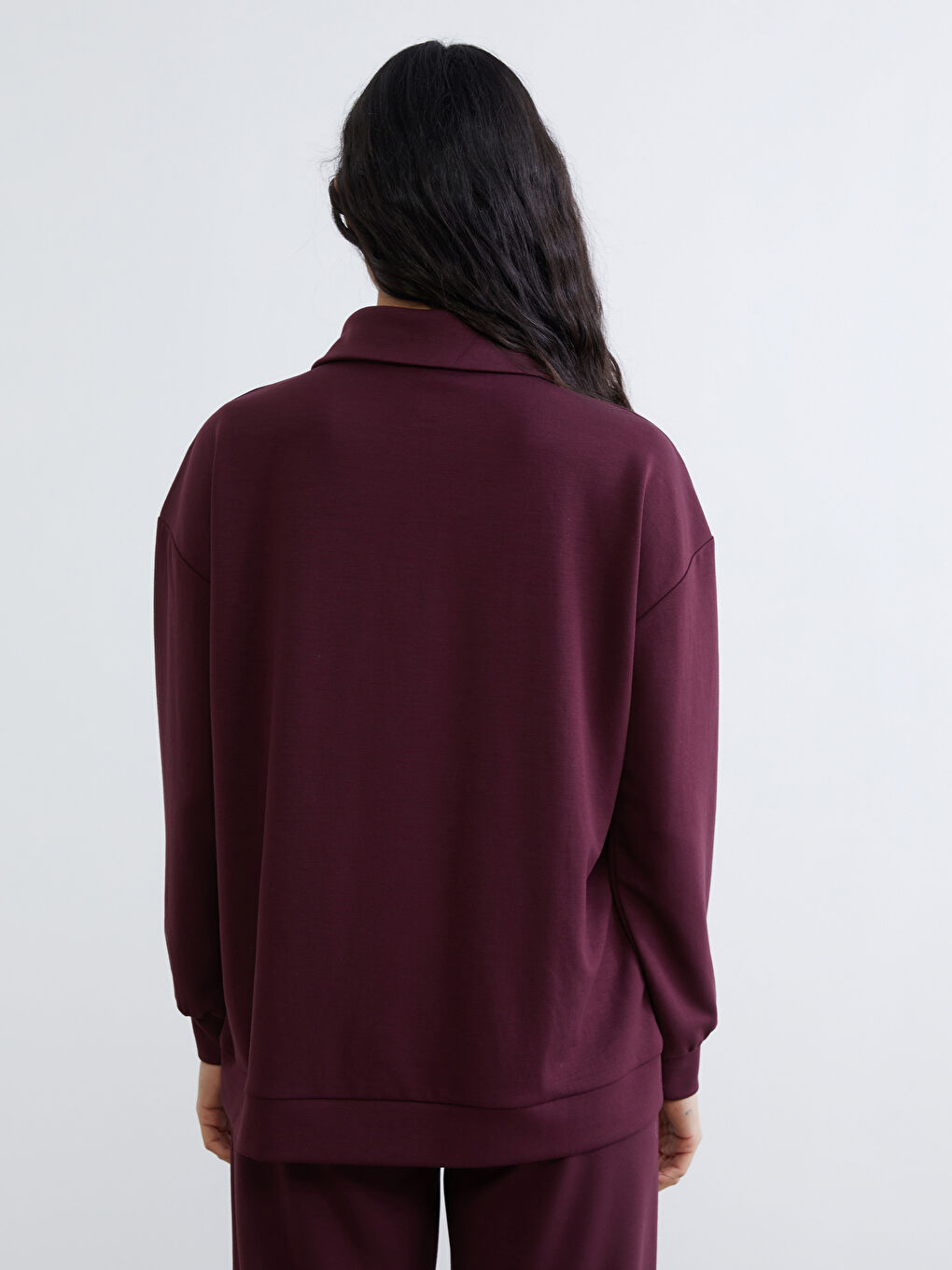 Mürdüm Dik Yaka Nakışlı Oversize Kadın Sweatshirt Tunik-4