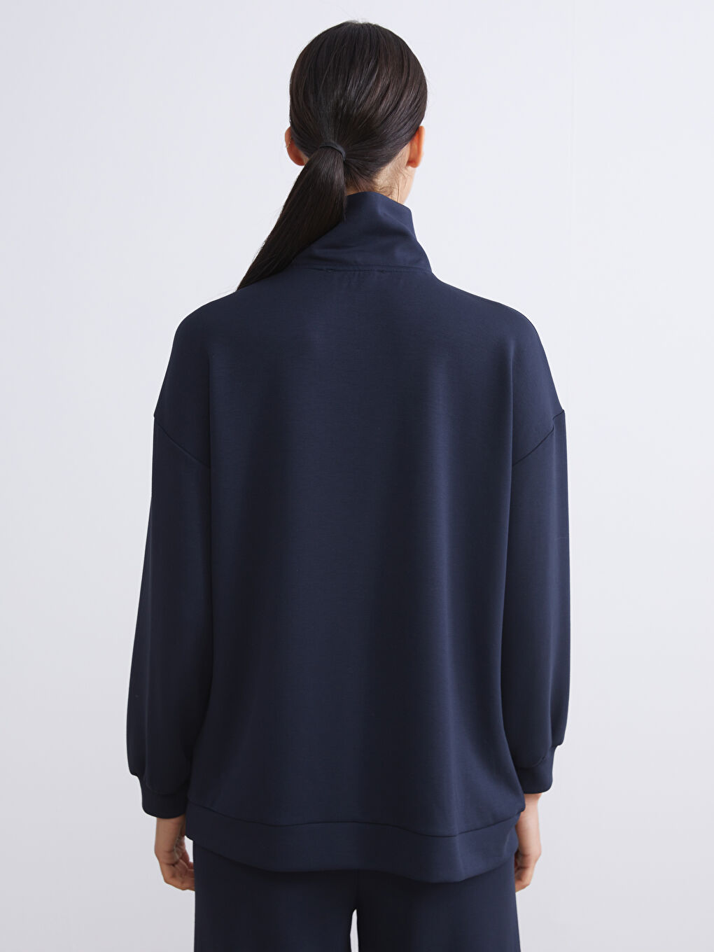 Lacivert Dik Yaka Nakışlı Oversize Kadın Sweatshirt Tunik-4