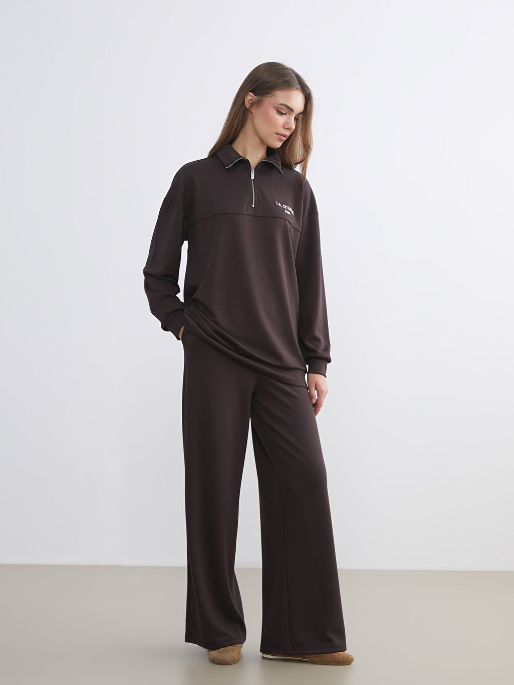 Kahverengi Dik Yaka Nakışlı Oversize Kadın Sweatshirt Tunik-3