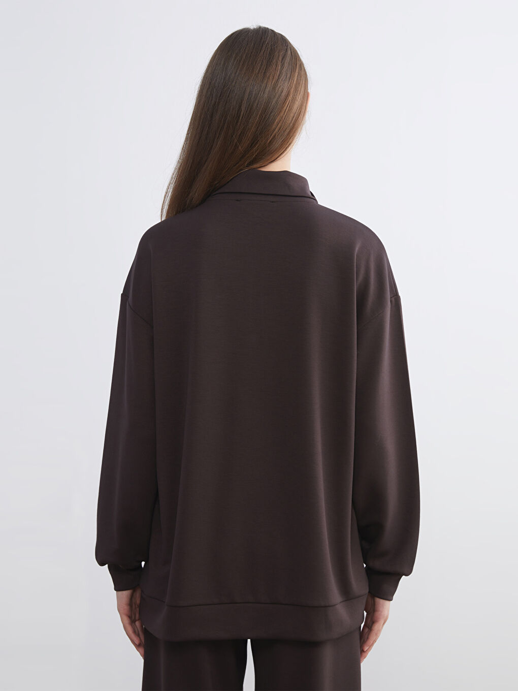 Kahverengi Dik Yaka Nakışlı Oversize Kadın Sweatshirt Tunik-5