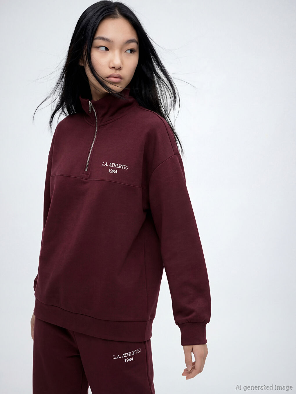 Mürdüm Dik Yaka Nakışlı Oversize Kadın Sweatshirt Tunik-1