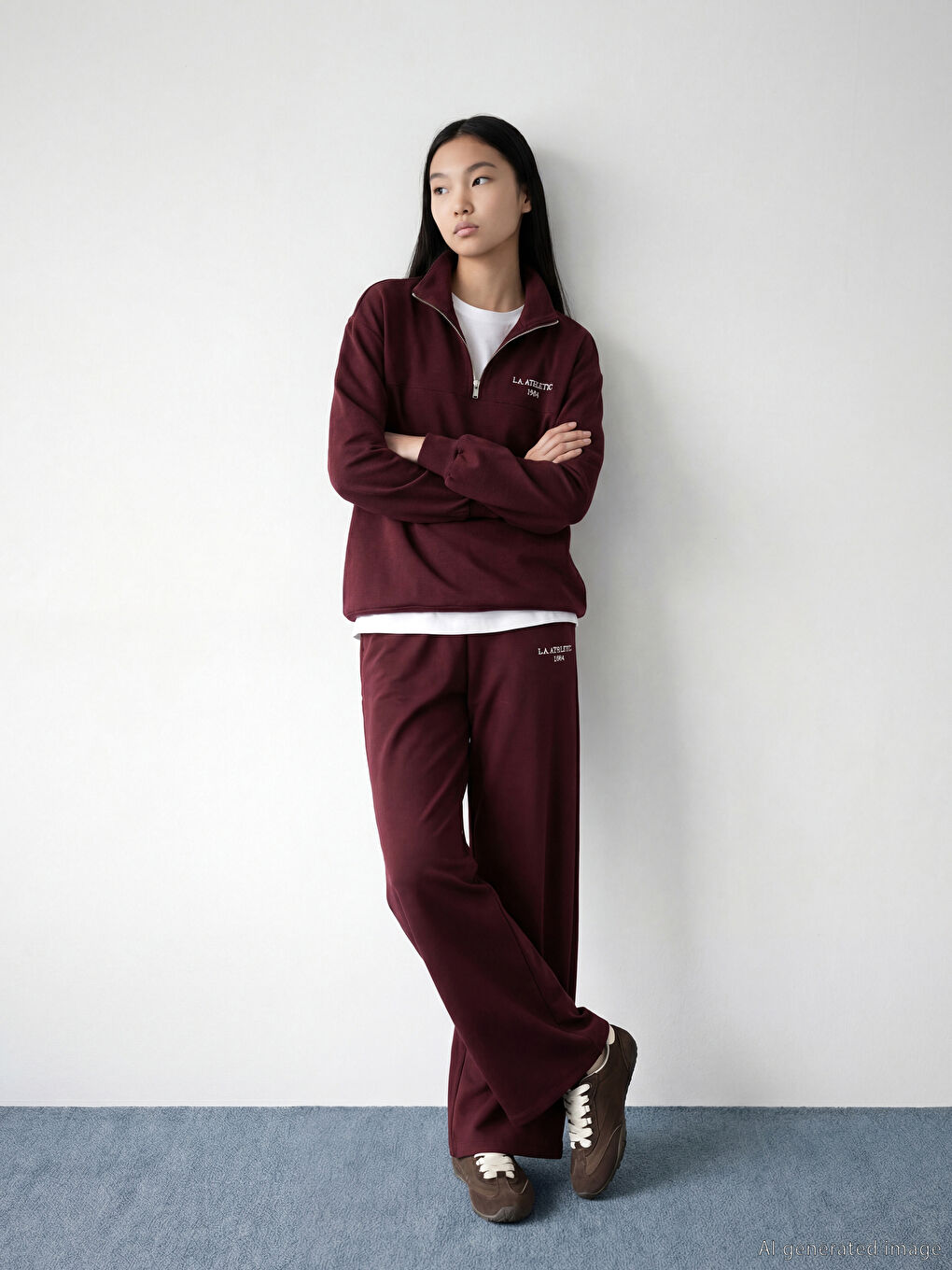 Mürdüm Dik Yaka Nakışlı Oversize Kadın Sweatshirt Tunik-3