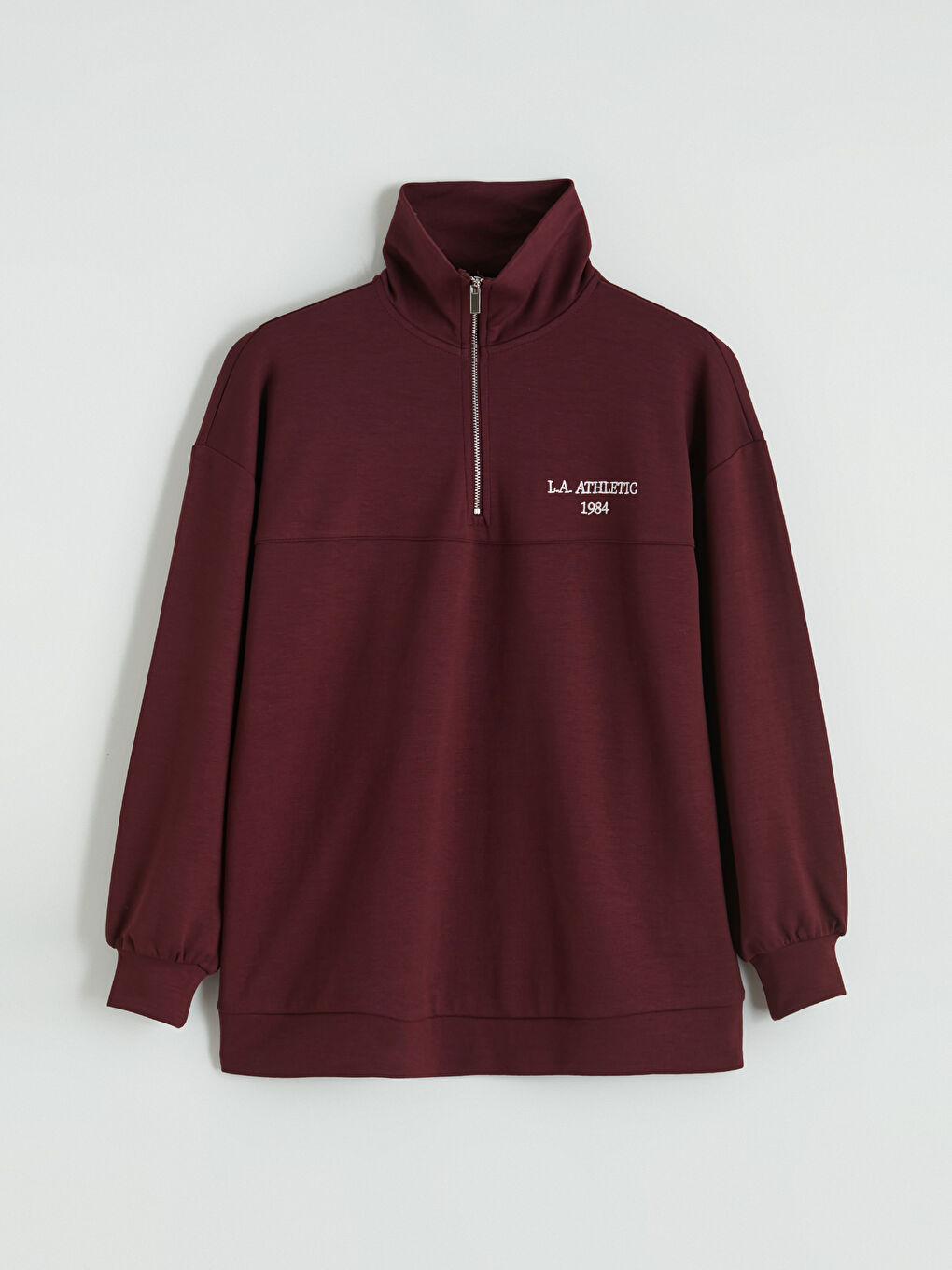 Mürdüm Dik Yaka Nakışlı Oversize Kadın Sweatshirt Tunik-10