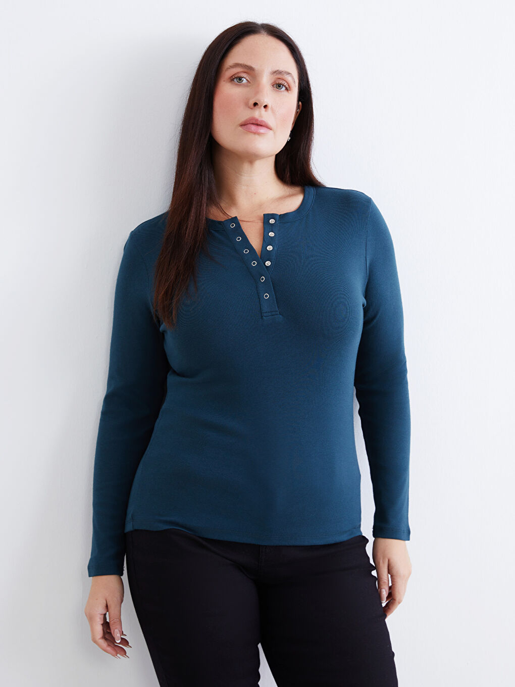 Petrol Bisiklet Yaka Fitilli Kadın Tişört-1