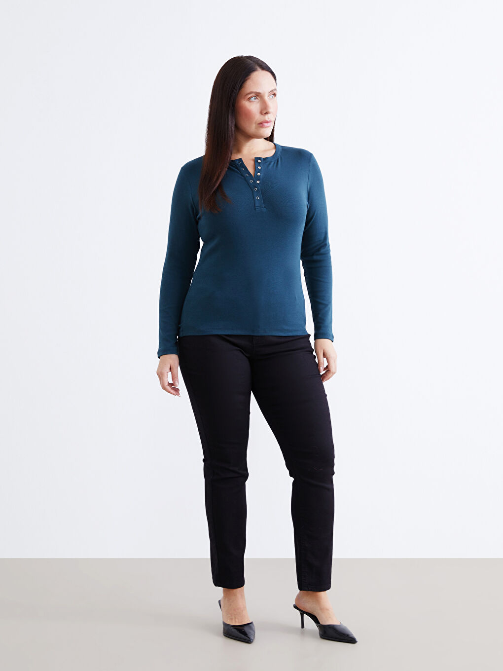 Petrol Bisiklet Yaka Fitilli Kadın Tişört-5