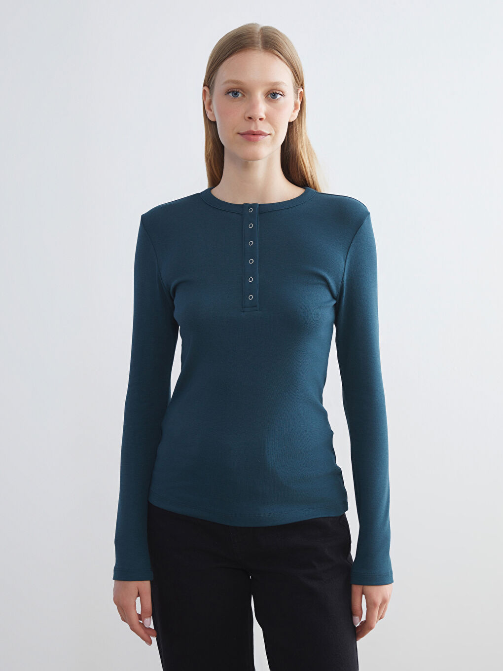 Petrol Bisiklet Yaka Fitilli Kadın Tişört