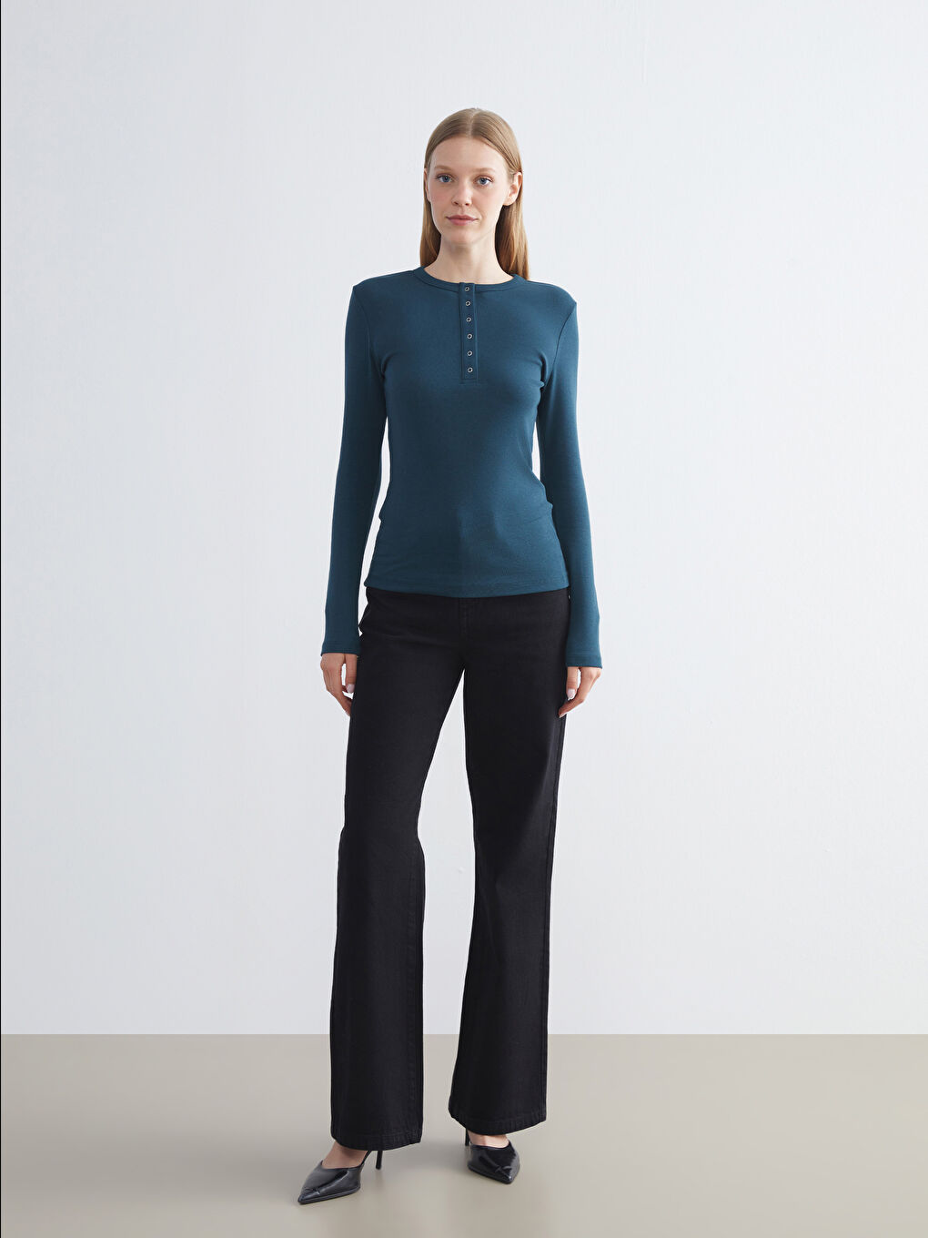 Petrol Bisiklet Yaka Fitilli Kadın Tişört-2