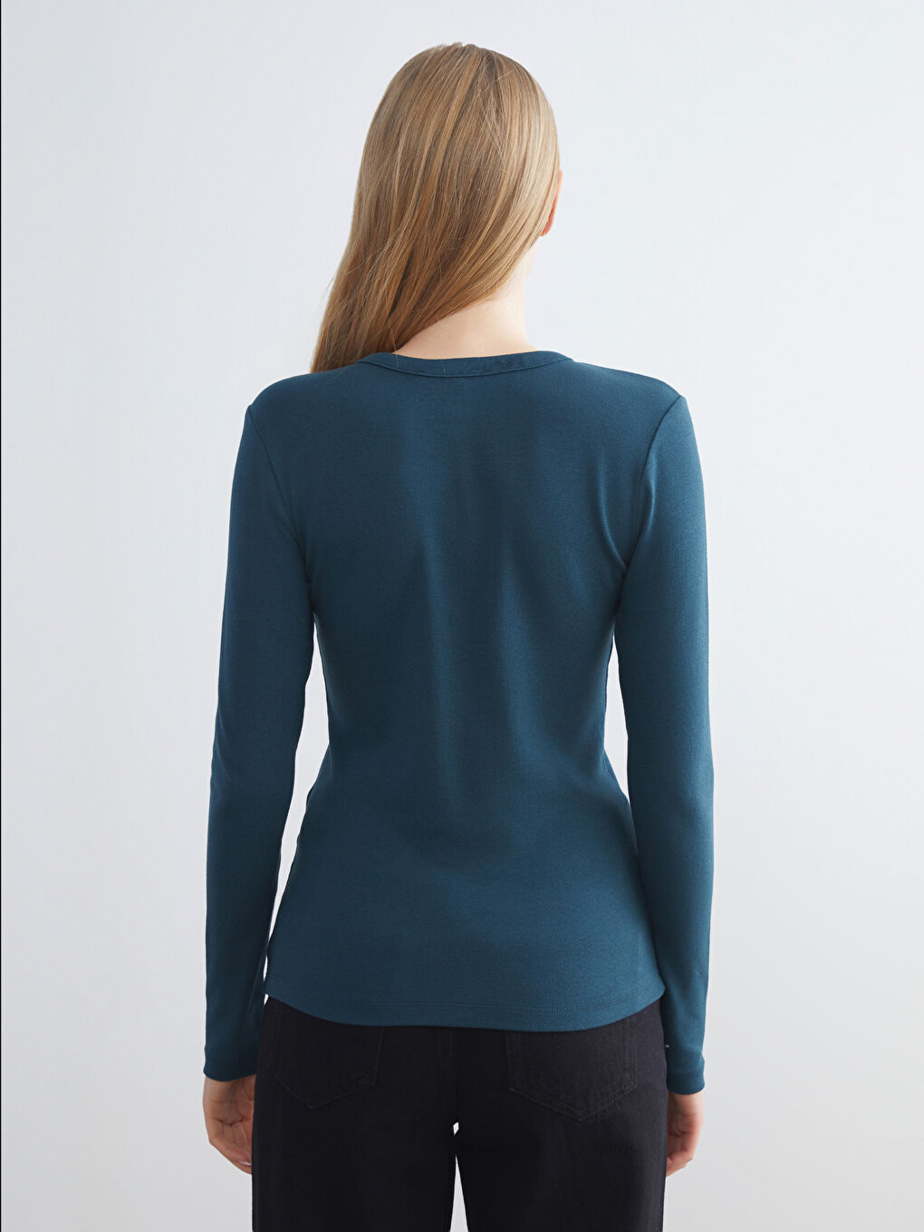 Petrol Bisiklet Yaka Fitilli Kadın Tişört-4